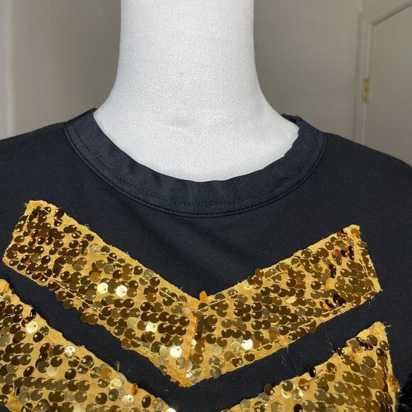 Weissman Women's Chevron Sequin Black Gold Round Neck Top Size Small Cotton - Picture 2 of 7